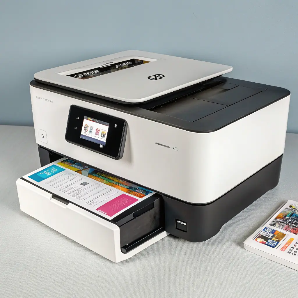 An all-in-one inkjet printer on a white background, showcasing its sleek design and multiple functions.