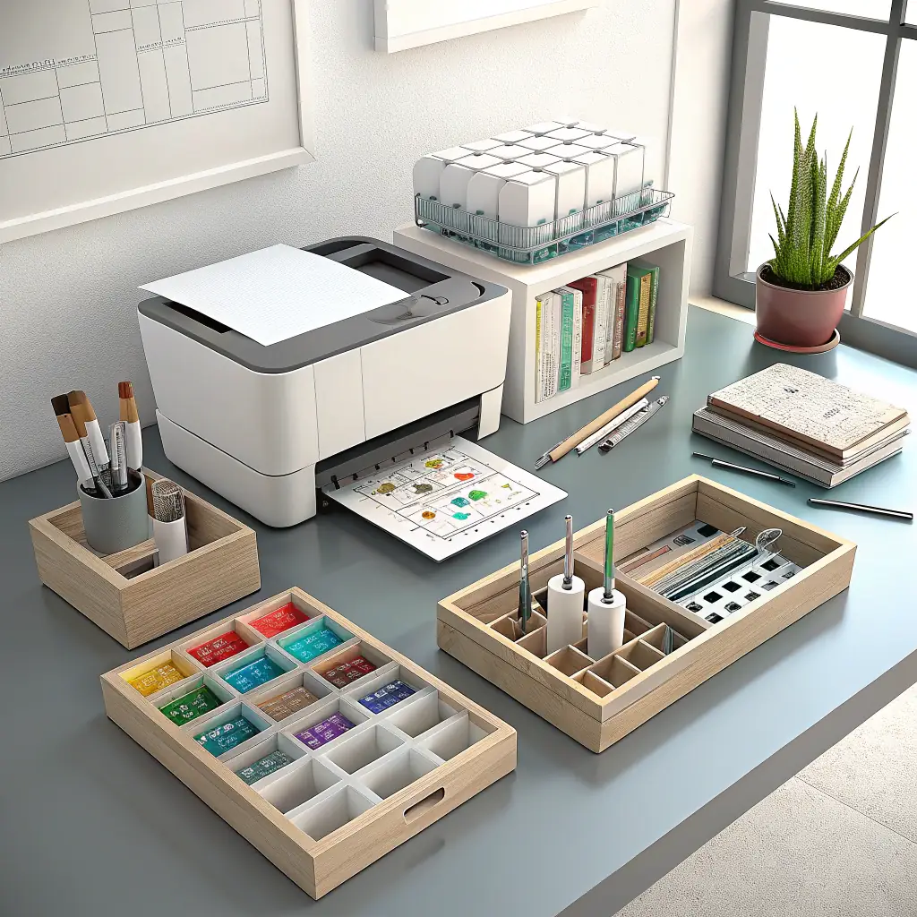 An assortment of printing essentials and accessories, including paper, cleaning kits, and cables, arranged to show their variety and utility.