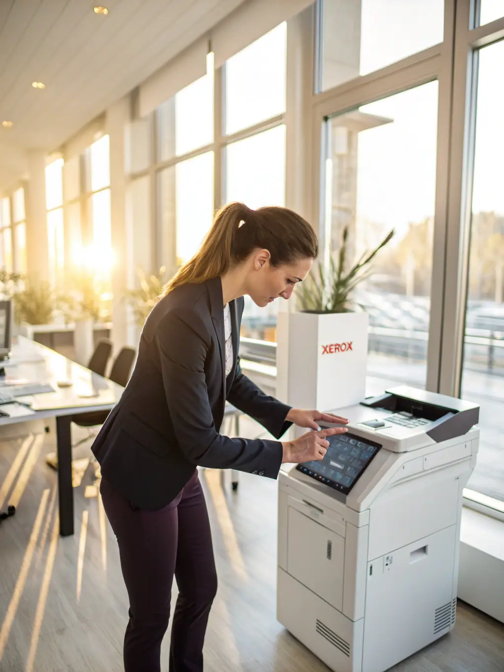 A person confidently using a Modern Print Vision printer in a busy office setting, highlighting the reliability of the product.