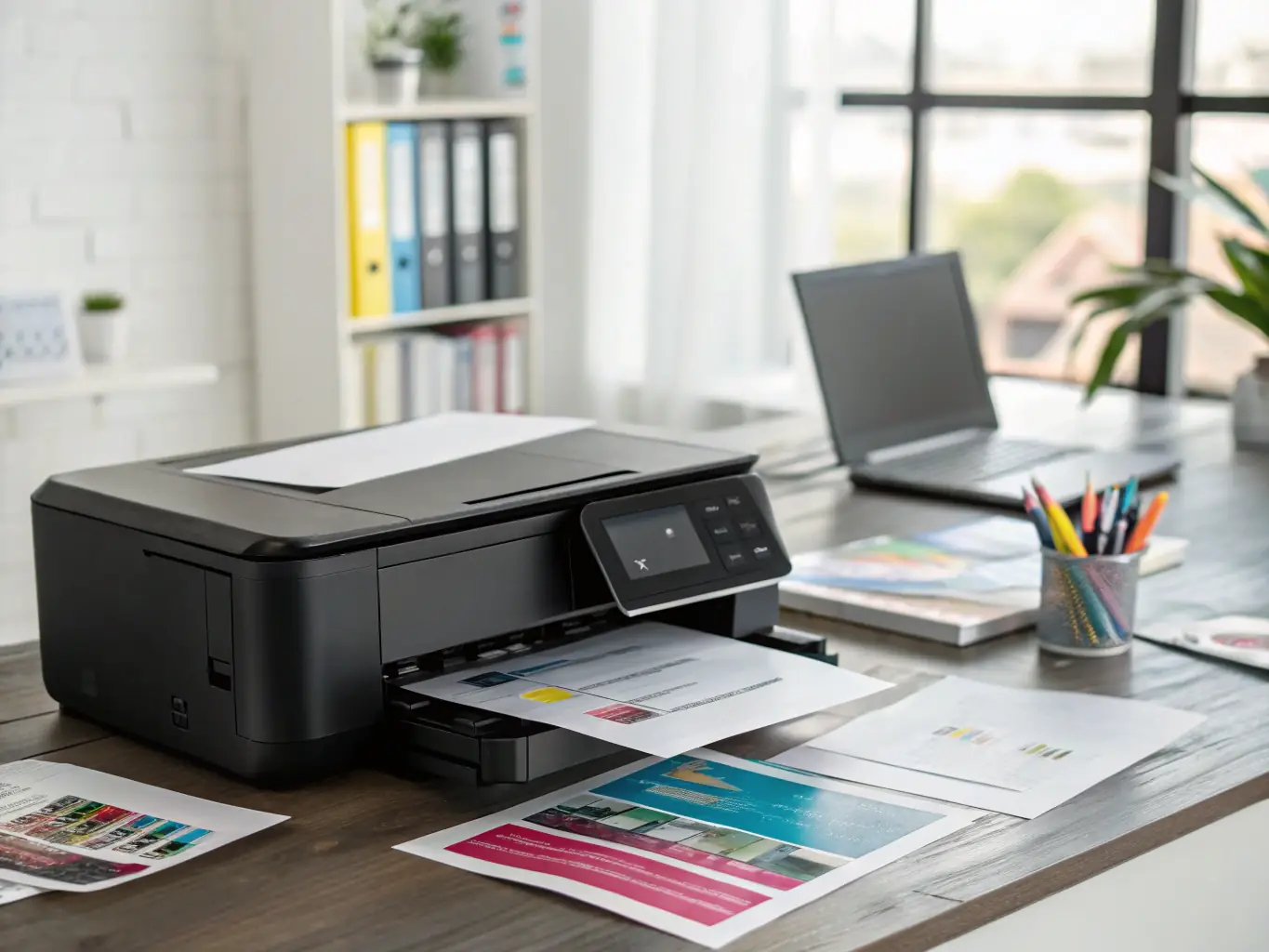 An image of a sleek, modern inkjet printer with paper loaded, ready for use, showcasing the All-in-One Inkjet Printer from Modern Print Vision.