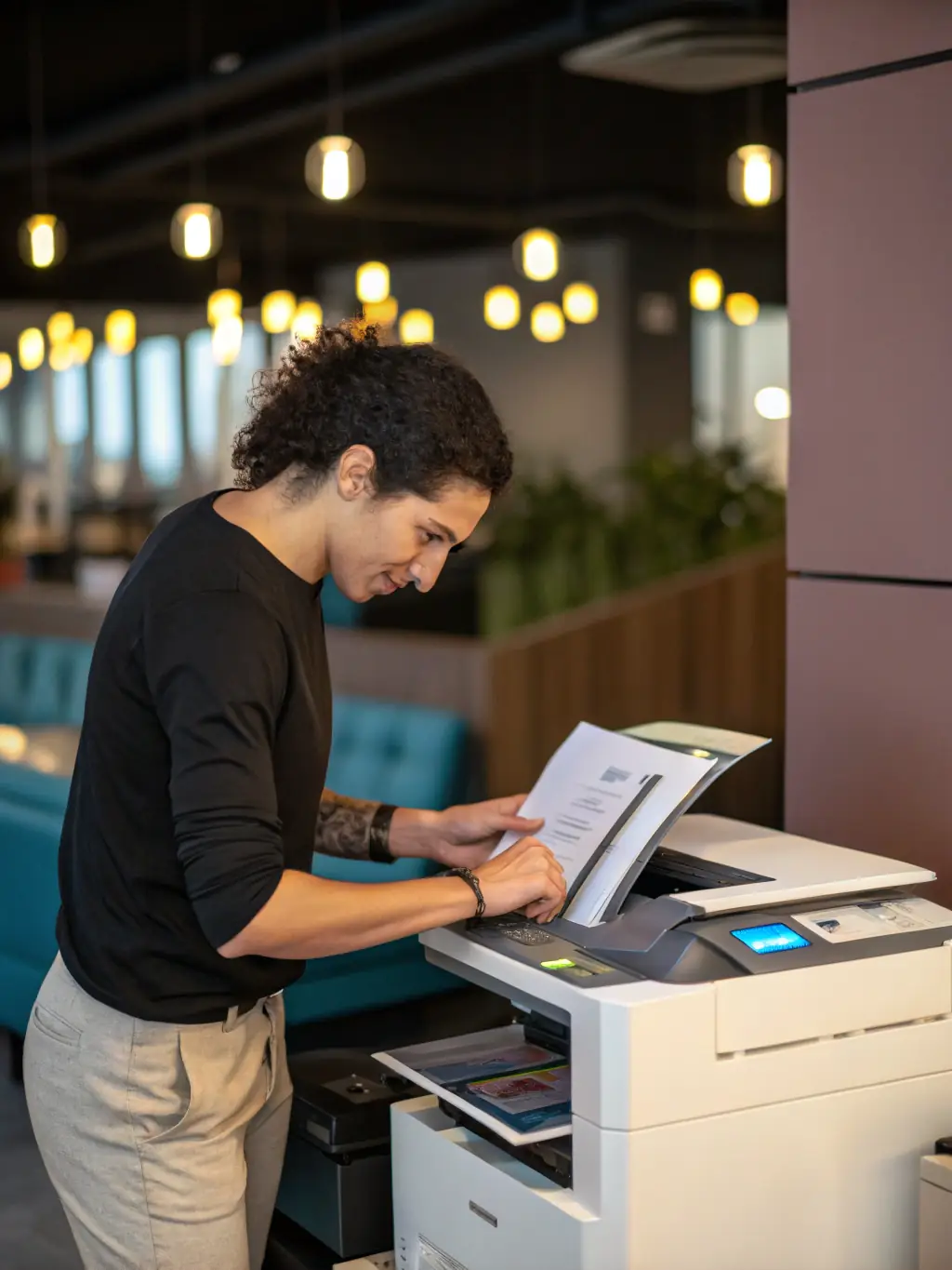 A person smiling while easily loading paper into a Modern Print Vision printer, showcasing the ease of use.