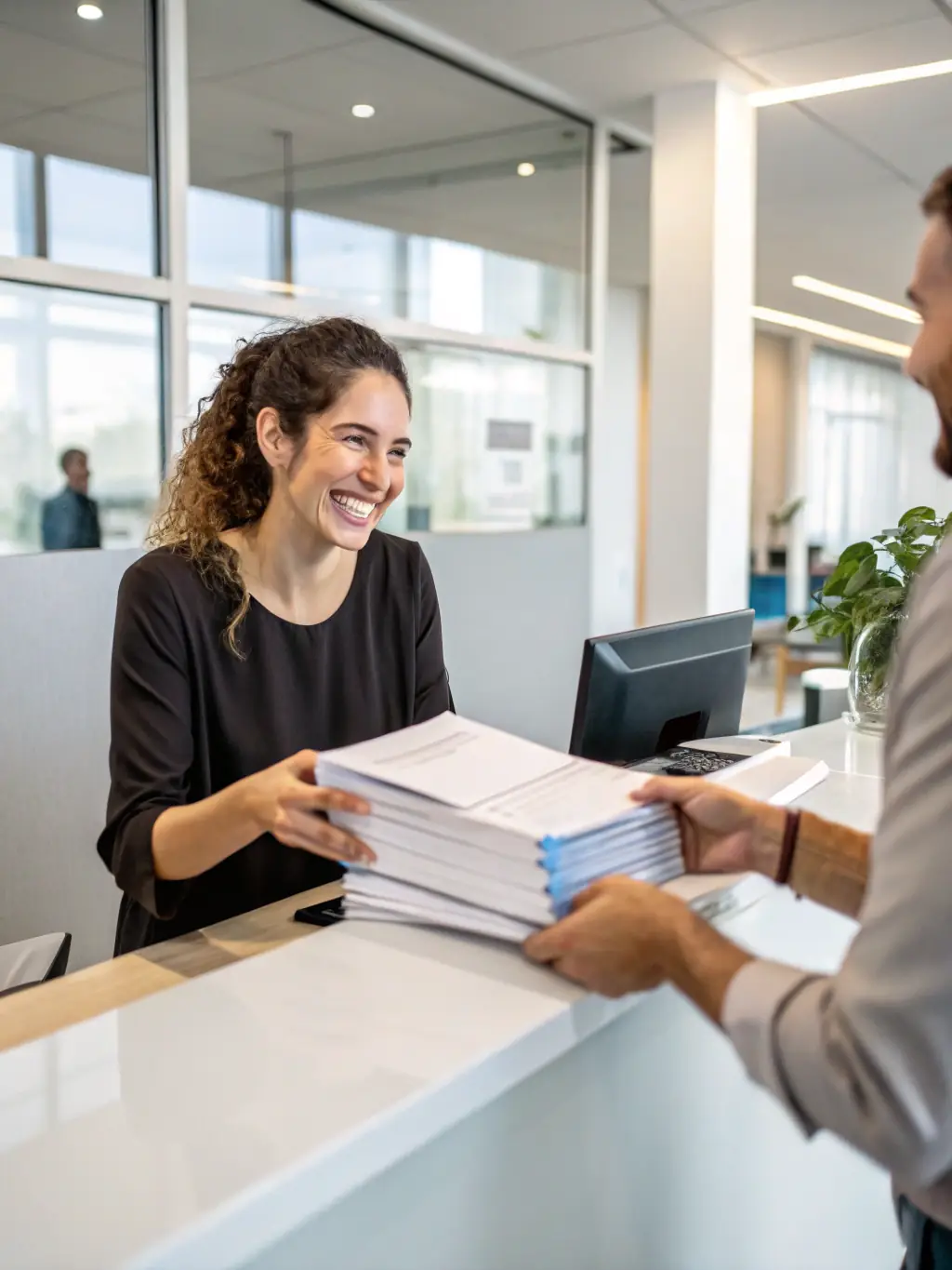 A customer happily holding a stack of printed materials, showing the value and satisfaction of using Modern Print Vision products.