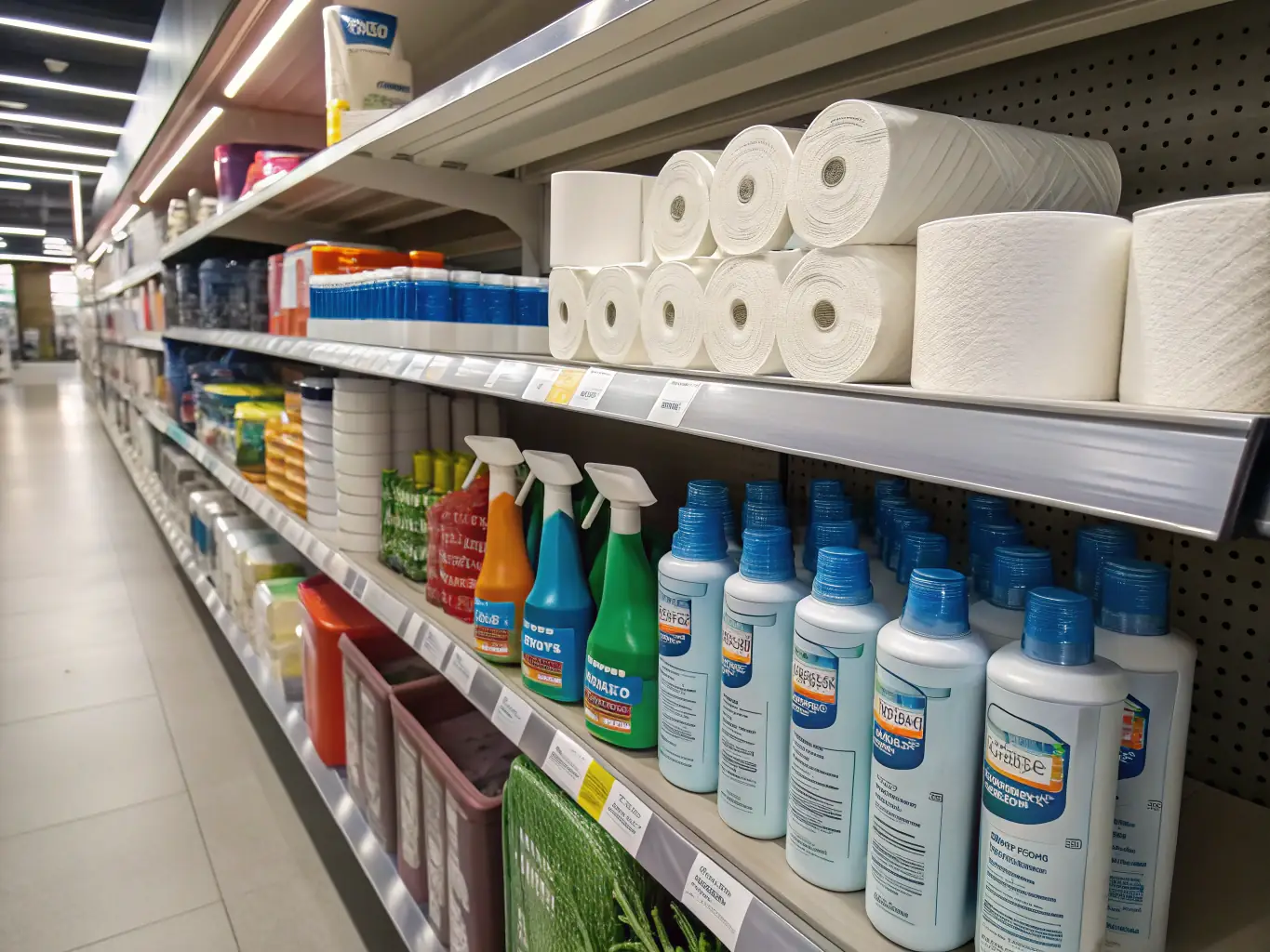 An assortment of printing paper stacks, cleaning kits, and accessory items displayed on a shelf, representing the Printing Essentials & Accessories offered by Modern Print Vision.