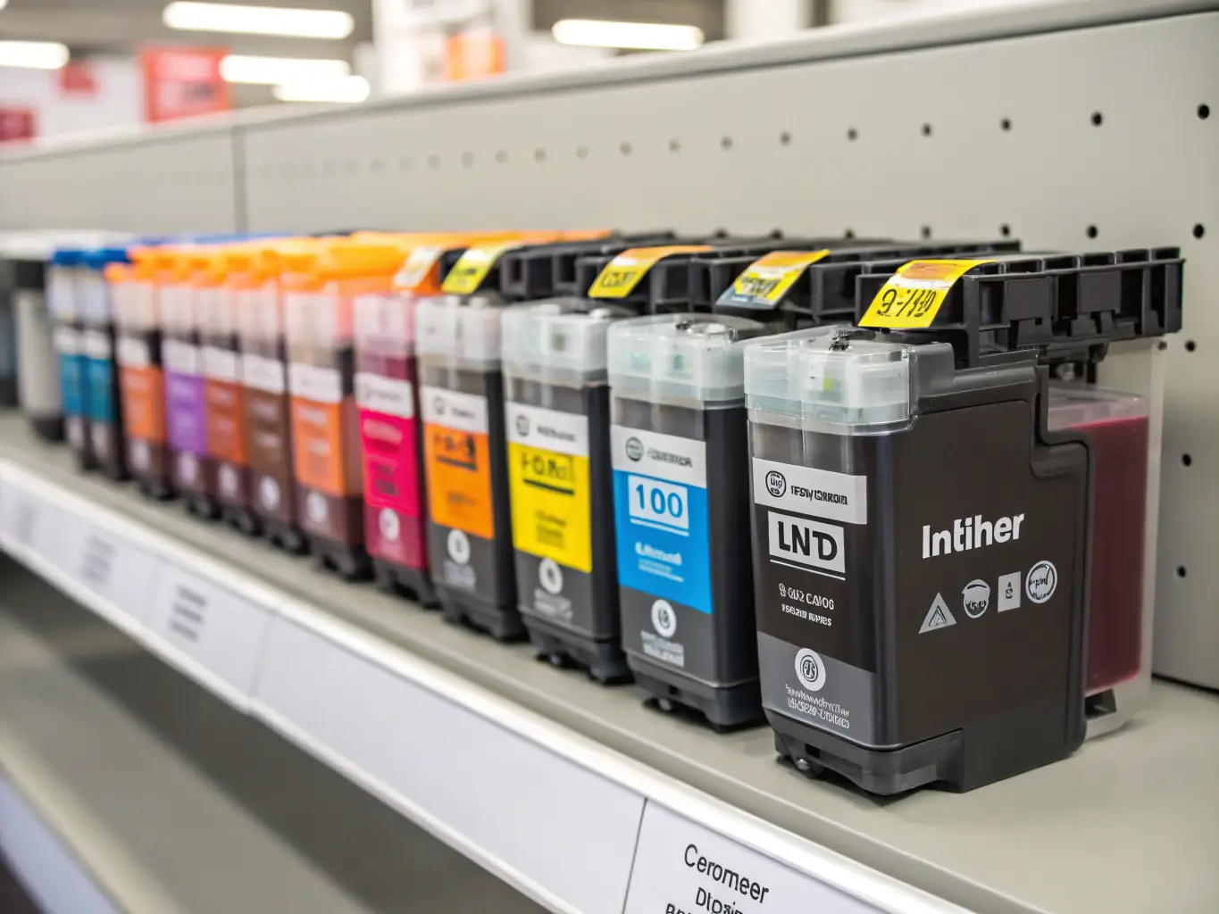 Close-up of a set of colorful printer cartridges with branding and labels visible, highlighting the High-Quality Printer Cartridges available at Modern Print Vision.